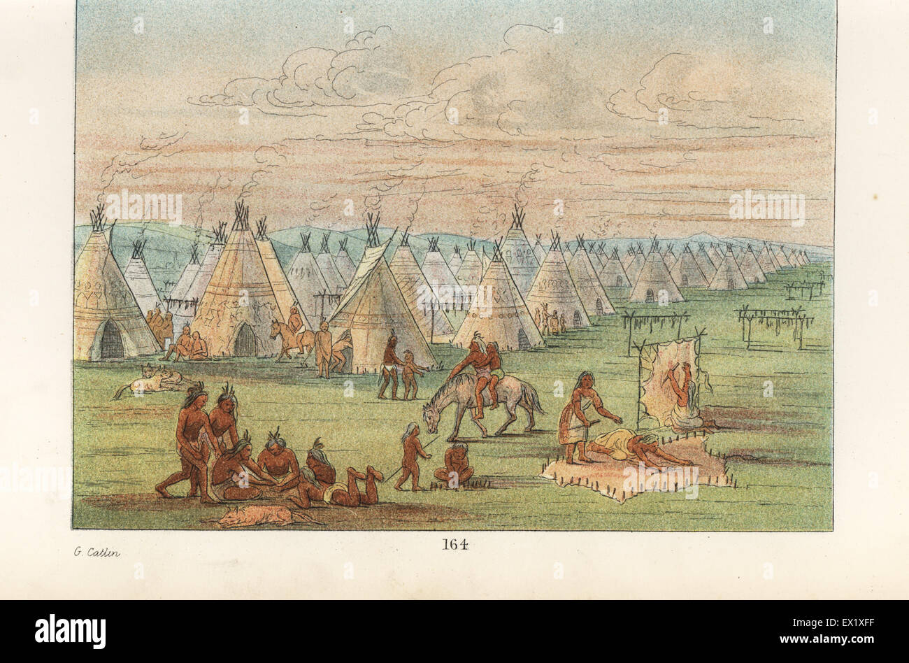 Comanche village of 600 wigwams with chief's teepee in foreground, women drying meat and graining bison skins. Handcoloured lithograph from George Catlin's Manners, Customs and Condition of the North American Indians, London, 1841. Stock Photo