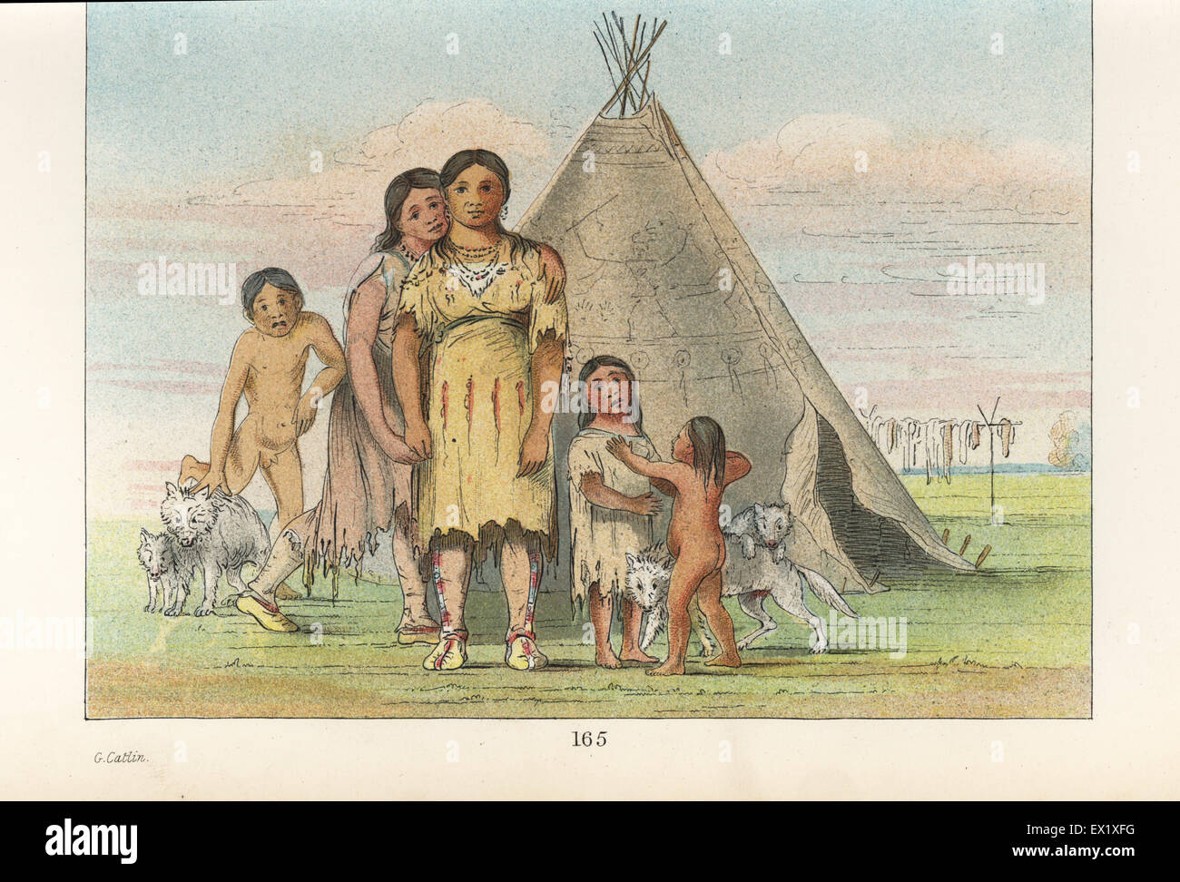 Wives and children of a chief outside their teepee in the Comanche village. Buffalo meat drying on poles behind. Handcoloured lithograph from George Catlin's Manners, Customs and Condition of the North American Indians, London, 1841. Stock Photo