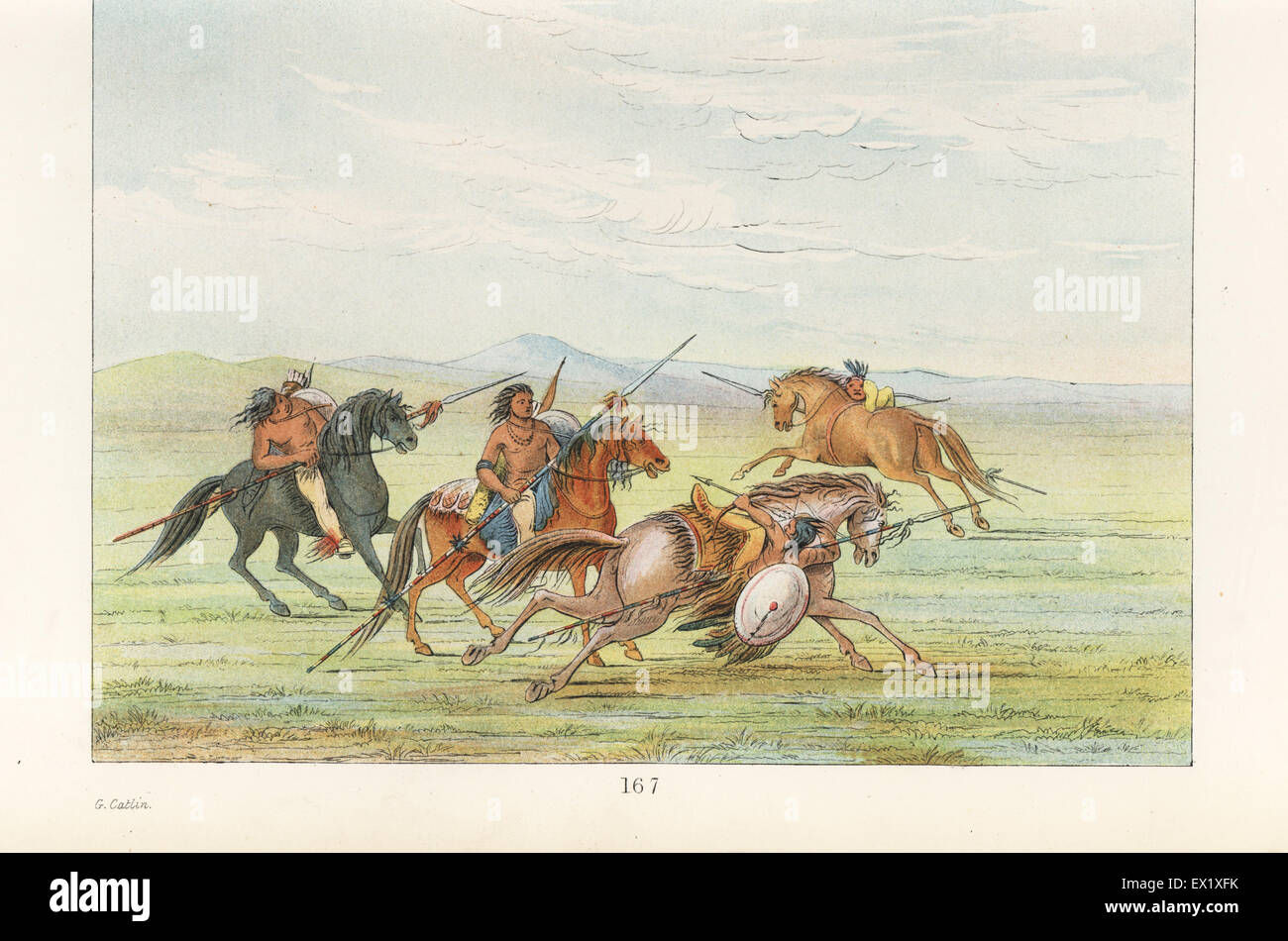 Comanche warriors performing riding tricks and battle exercises, hanging off one side of the horse at full speed, etc. Handcoloured lithograph from George Catlin's Manners, Customs and Condition of the North American Indians, London, 1841. Stock Photo