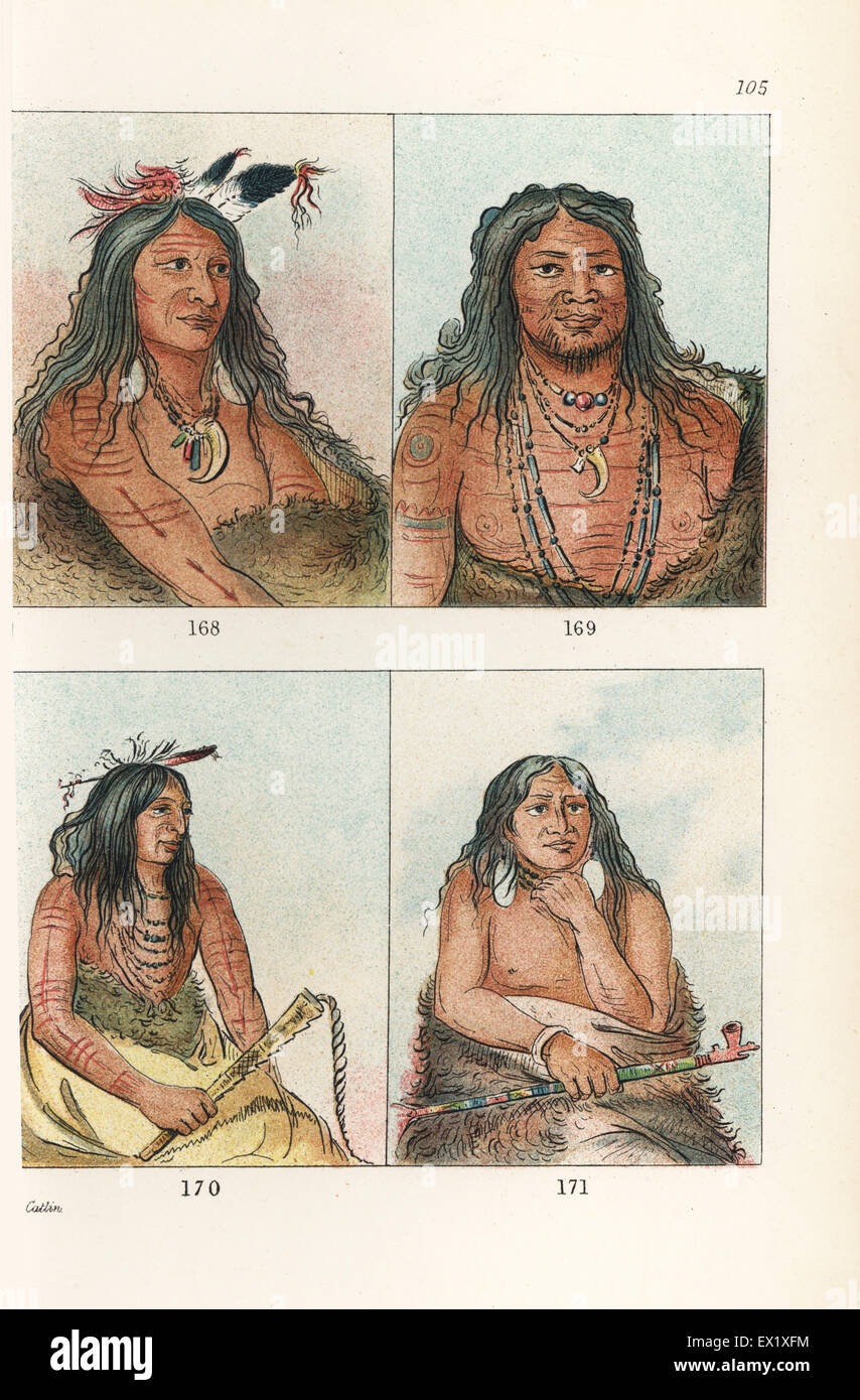 Comanche chief Ee-shah-ko-nee, Bow and Quiver 168, and war party leaders Ta-wah-que-nah, Mountain of Rocks 169, Ish-a-ro-yeh, He Who Carries a Wolf 170, and Is-sa-wah-tam-ah, Wolf Tied with Hair 171. Handcoloured lithograph from George Catlin's Manners, Customs and Condition of the North American Indians, London, 1841. Stock Photo