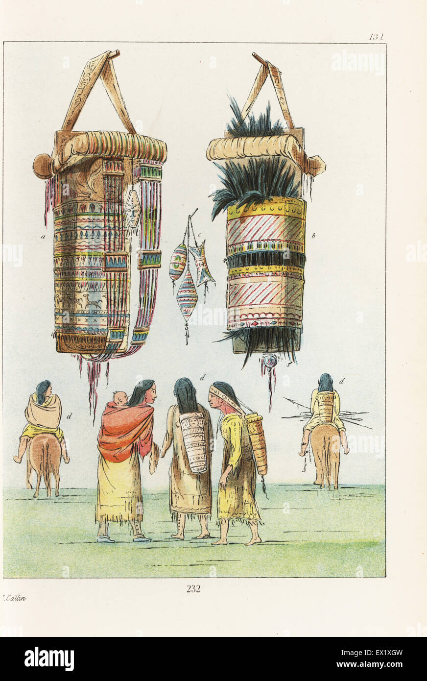 Sioux women carrying babies in cradleboards on their backs, and details of the embroidered and decorated cradle a and a mourning cradle filled with black feathers b. Handcoloured lithograph from George Catlin's Manners, Customs and Condition of the North American Indians, London, 1841. Stock Photo