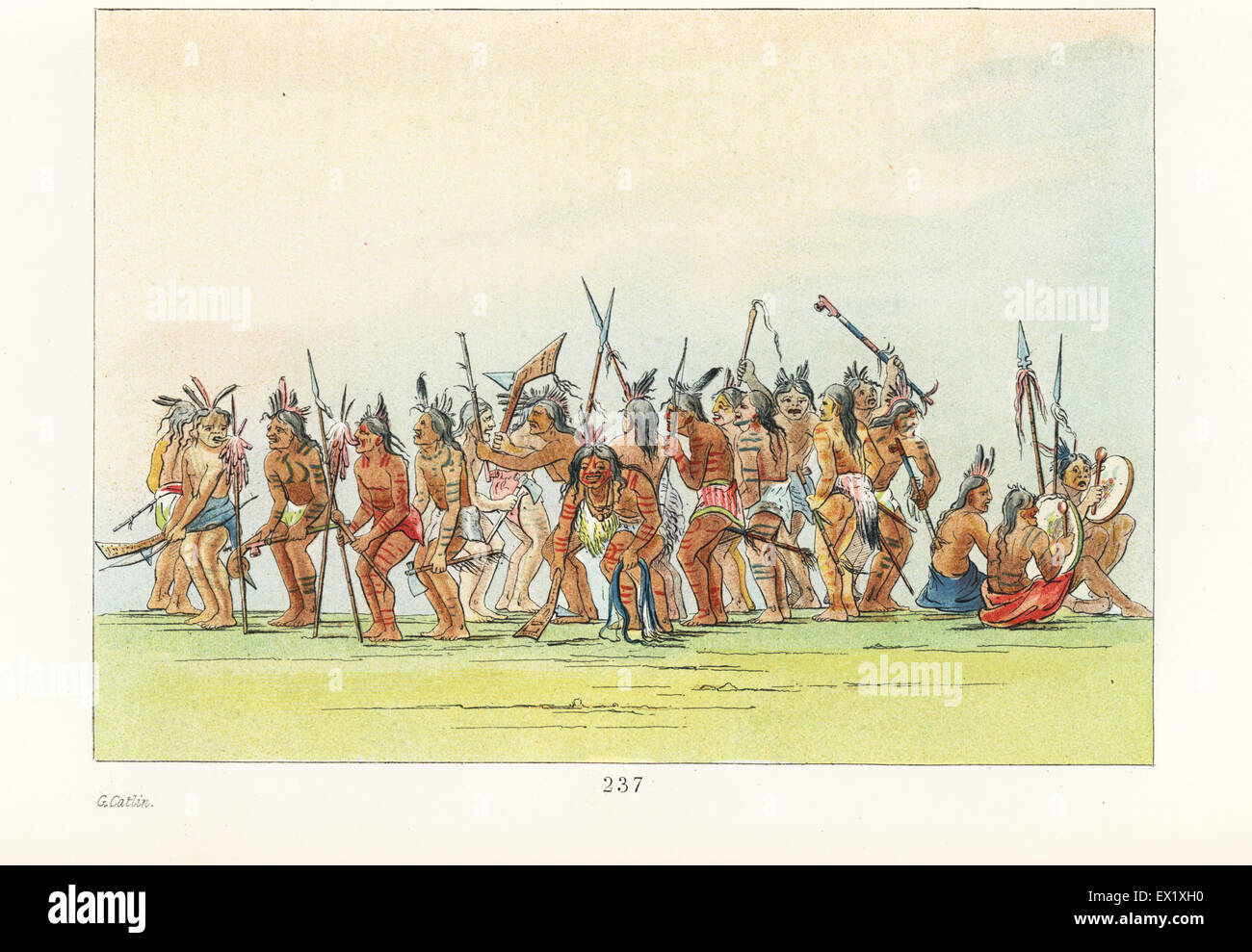 Sioux or Dakota braves dancing the Dog Dance, taking bites of raw dog's livers suspended on poles (left). Handcoloured lithograph from George Catlin's Manners, Customs and Condition of the North American Indians, London, 1841. Stock Photo
