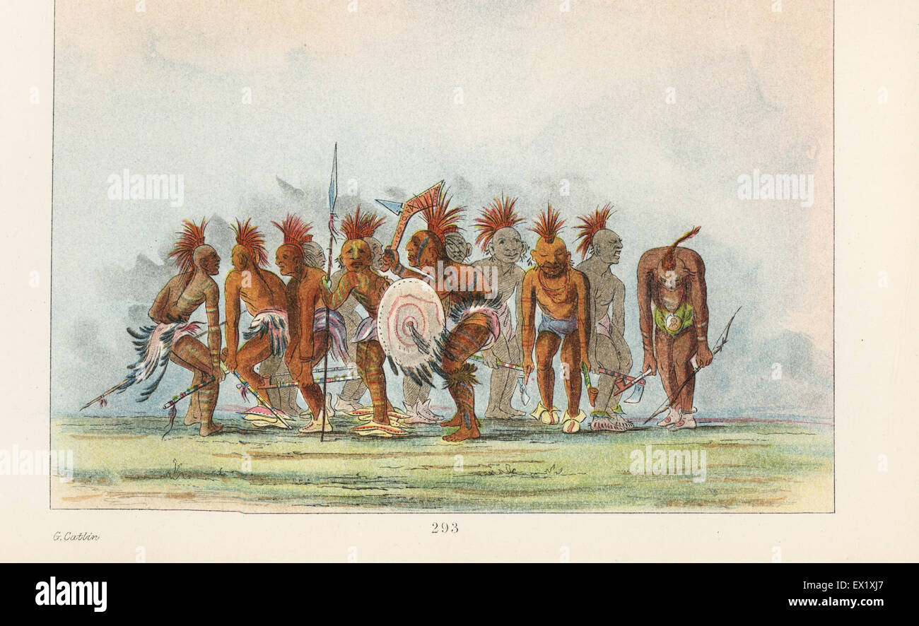 Meskwaki braves performing the Begging Dance. Handcoloured lithograph from George Catlin's Manners, Customs and Condition of the North American Indians, London, 1841. Stock Photo