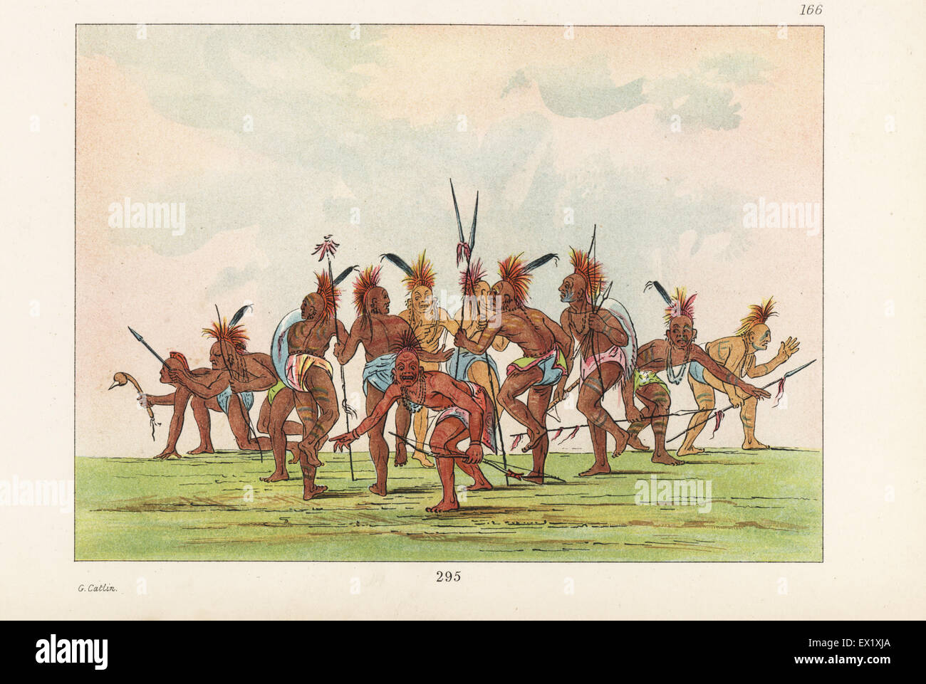 Meskwaki braves performing the Discovery Dance. Handcoloured lithograph from George Catlin's Manners, Customs and Condition of the North American Indians, London, 1841. Stock Photo