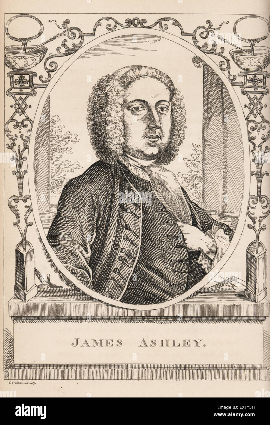 James Ashley, keeper of a punch house and brandy merchant. Copperplate engraving after George Cruikshank from John Caulfield's Portraits, Memoirs and Characters of Remarkable Persons, Young, London, 1819. Stock Photo