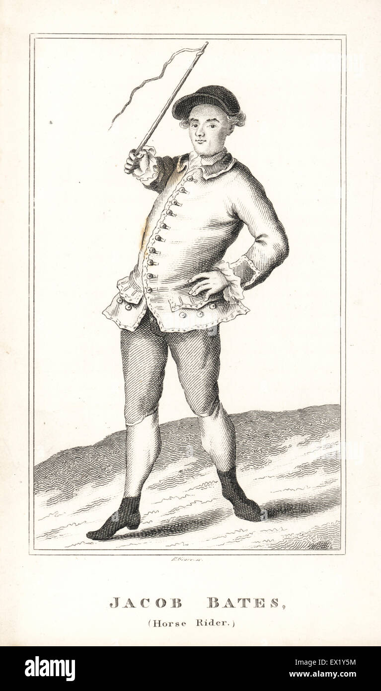 Jacob Bates, celebrated horse rider and equestrian performer, 18th century. Copperplate engraving by R. Grave from John Caulfield's Portraits, Memoirs and Characters of Remarkable Persons, Young, London, 1819. Stock Photo