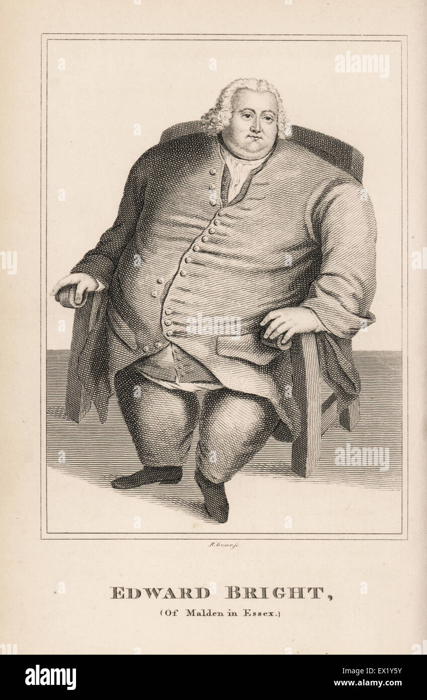 Edward Bright, the fat man of Malden, Essex. Copperplate engraving by R. Grave from John Caulfield's Portraits, Memoirs and Characters of Remarkable Persons, Young, London, 1819. Stock Photo