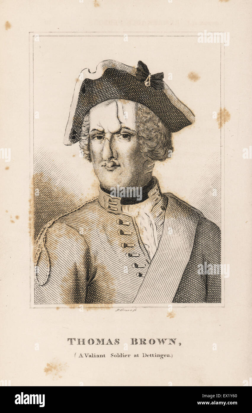 Thomas Brown, valiant English soldier at Dettingen who recaptured the regimental standard despite receiving eight sword cuts and two musketballs. Copperplate engraving by R. Grave from John Caulfield's Portraits, Memoirs and Characters of Remarkable Persons, Young, London, 1819. Stock Photo