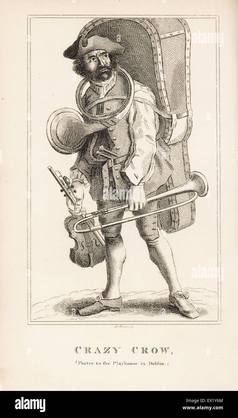 Crazy Crow, porter to the Playhouse in Dublin, carrying a violin, trumpet, viola and drumsticks. Copperplate engraving by R. Grave from John Caulfield's Portraits, Memoirs and Characters of Remarkable Persons, Young, London, 1819. Stock Photo
