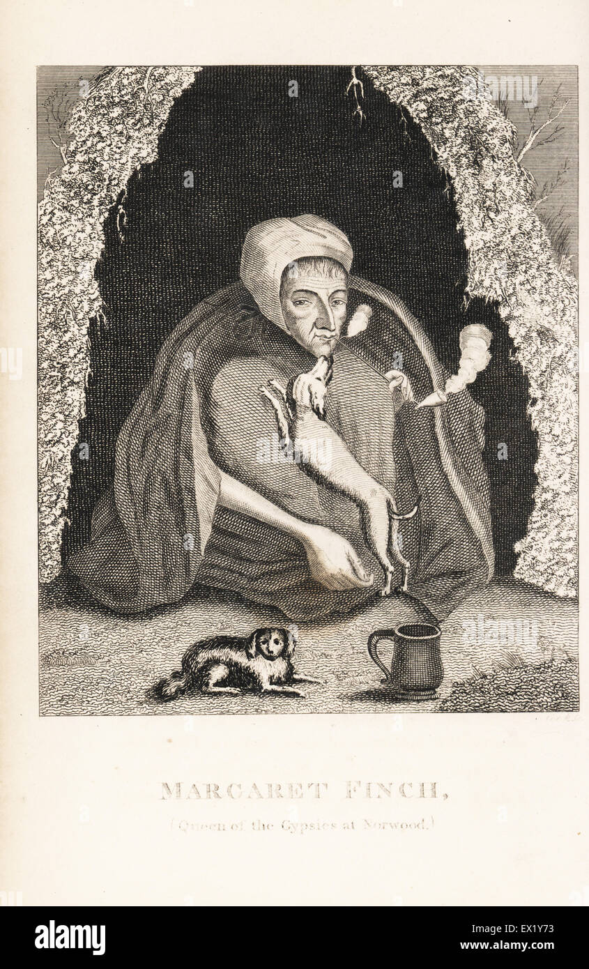 Margaret Finch, Queen of the Gypsies at Norwood, buried seated with her head on her knees in a box in 1740. Copperplate engraving from John Caulfield's Portraits, Memoirs and Characters of Remarkable Persons, Young, London, 1819. Stock Photo