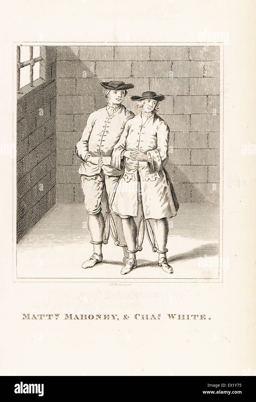 Matthew Mahoney and Charles White, executed for the murder of Sir John Dinely Goodere, 1741. Copperplate engraving by R. Grave from John Caulfield's Portraits, Memoirs and Characters of Remarkable Persons, Young, London, 1819. Stock Photo