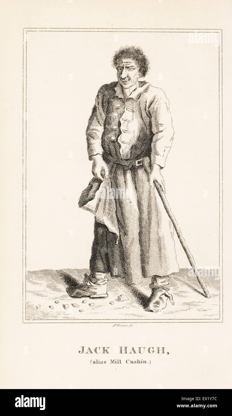 Jack Haugh alias Mill Cushin, Dublin beggar with shilelagh and begging cap. Copperplate engraving by R. Grave from John Caulfield's Portraits, Memoirs and Characters of Remarkable Persons, Young, London, 1819. Stock Photo