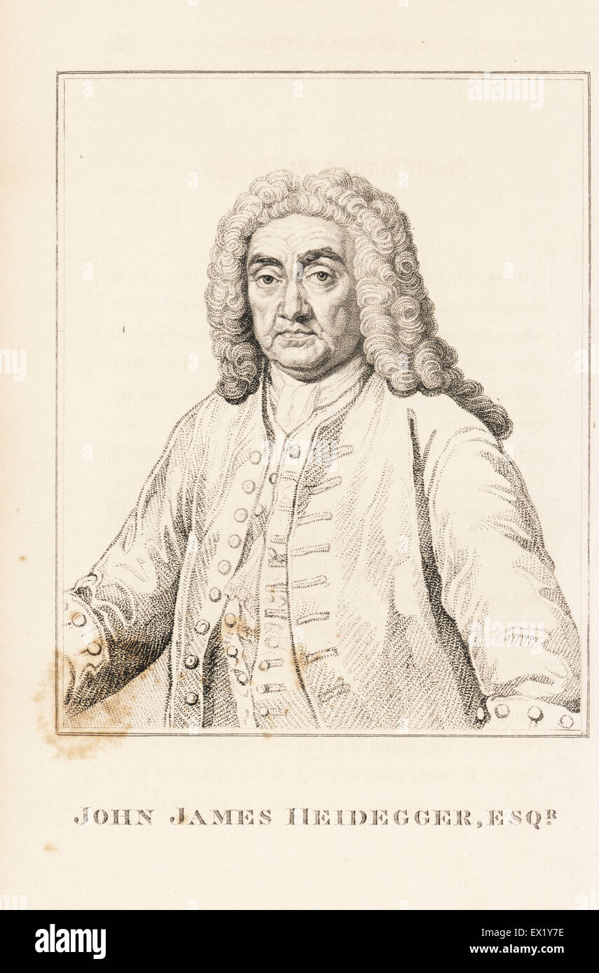 John James Heidegger, Swiss gentleman who became manager of the Opera House and Master of Revels in London under King George II. Copperplate engraving from John Caulfield's Portraits, Memoirs and Characters of Remarkable Persons, Young, London, 1819. Stock Photo