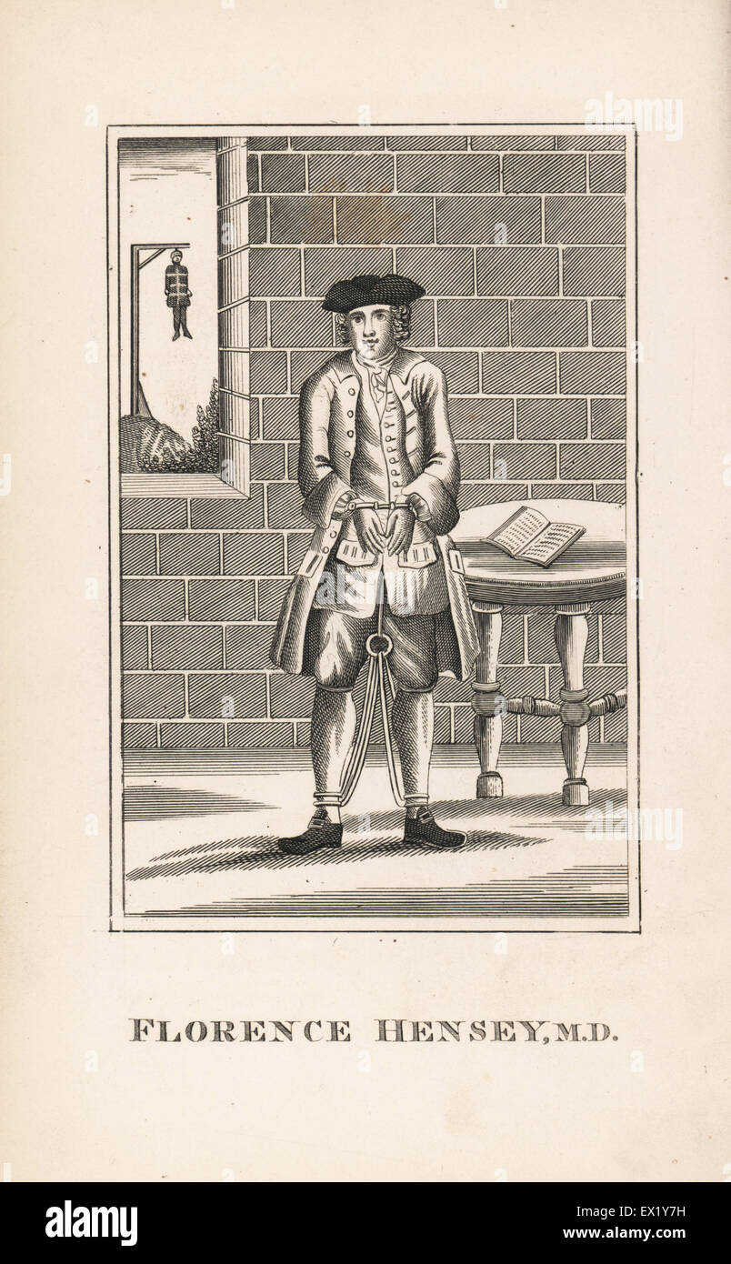 Florence Hensey, Irish doctor sentenced to death for high treason as a French spy in 1759. Reprieved two weeks later. Shown in shackles in a prison cell, with a body hanging from a gibbet outside the window. Copperplate engraving from John Caulfield's Portraits, Memoirs and Characters of Remarkable Persons, Young, London, 1819. Stock Photo