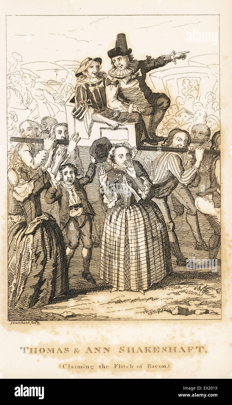 Thomas and Ann Shakeshaft carried on a sedan chair by villagers to claim the Flitch of Bacon in Dunmow, Essex, 1751. Copperplate engraving after George Cruikshank from John Caulfield's Portraits, Memoirs and Characters of Remarkable Persons, Young, London, 1819. Stock Photo