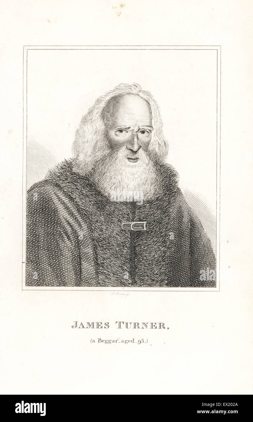 James Turner, old beggar who made a shilling an hour and posed for Sir Joshua Reynolds' painting Count Ugolino and Nathaniel Hone's Conjuror. Copperplate engraving by R. Grave from John Caulfield's Portraits, Memoirs and Characters of Remarkable Persons, Young, London, 1819. Stock Photo