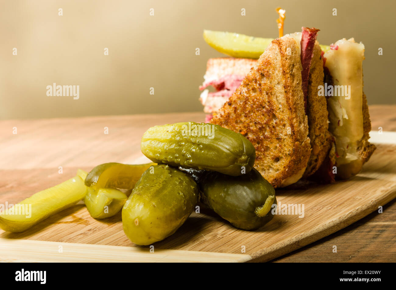 Grilled reuben sandwich with dill pickle spears Stock Photo Alamy