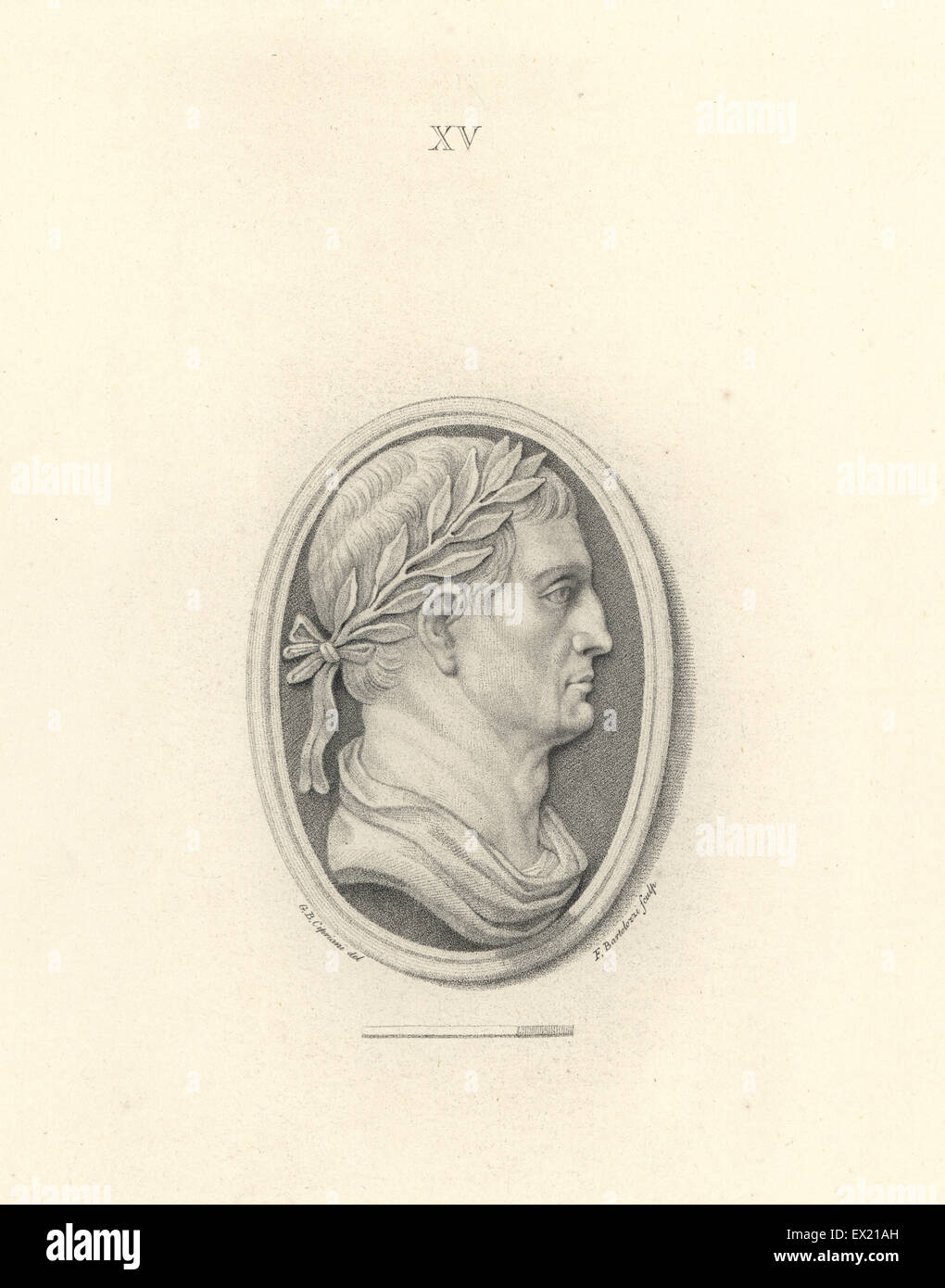 Head of Roman Emperor Galba with laurel wreath. Copperplate engraving by Francesco Bartolozzi after a design by Giovanni Battista Cipriani from 108 Plates of Antique Gems, 1860. The gems were from the Duke of Marlborough's collection. Stock Photo