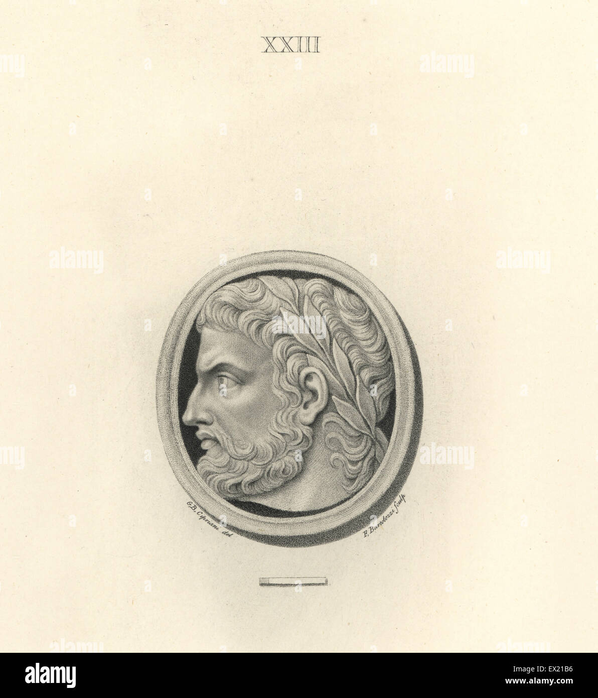 Caracalla or Roman Emperor Antoninus. Copperplate engraving by Francesco Bartolozzi after a design by Giovanni Battista Cipriani from 108 Plates of Antique Gems, 1860. The gems were from the Duke of Marlborough's collection. Stock Photo