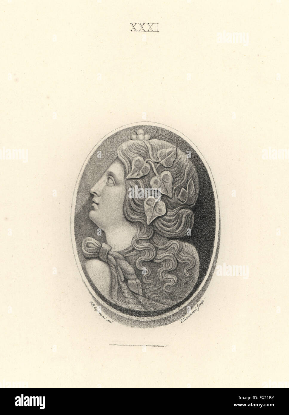 Bacchante, follower of Bacchus, Roman god of wine, with vineleaves in her hair. Copperplate engraving by Francesco Bartolozzi after a design by Giovanni Battista Cipriani from 108 Plates of Antique Gems, 1860. The gems were from the Duke of Marlborough's collection. Stock Photo