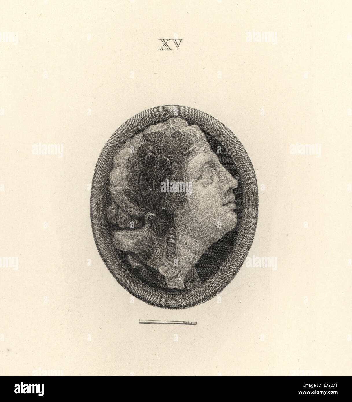Head of a Bacchante with vineleaves in her hair. Copperplate engraving by Francesco Bartolozzi from 108 Plates of Antique Gems, 1860. The gems were from the Duke of Marlborough's collection. Stock Photo