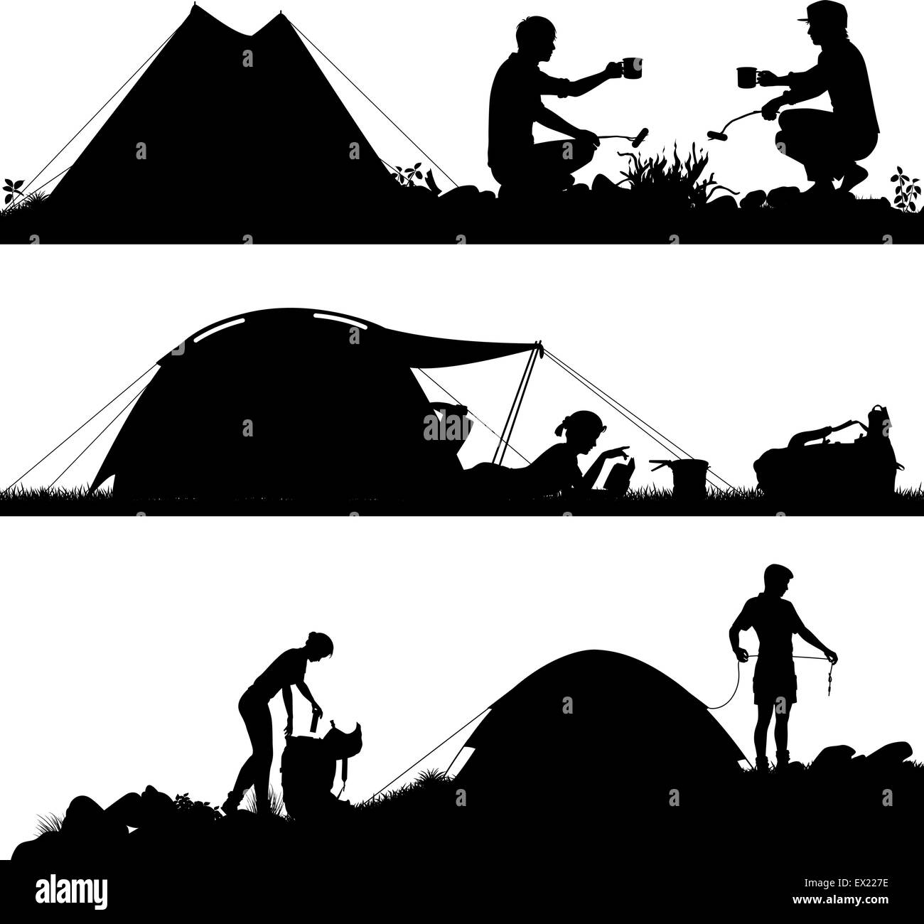 Set of eps8 editable vector silhouettes of people camping with figures and tents as separate objects Stock Vector