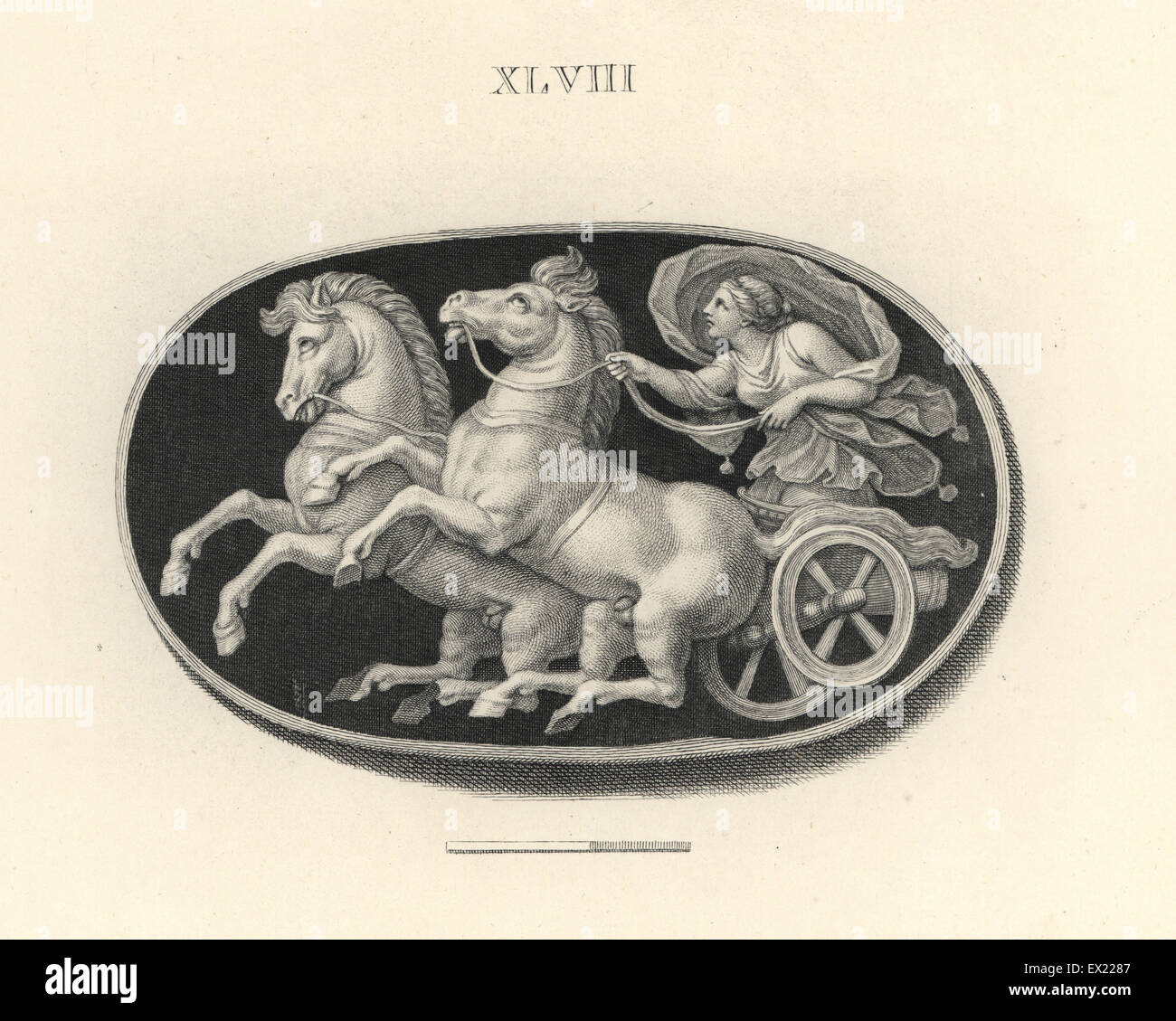 Female charioteer driving a two-horse chariot or biga in a race. Copperplate engraving by Francesco Bartolozzi from 108 Plates of Antique Gems, 1860. The gems were from the Duke of Marlborough's collection. Stock Photo