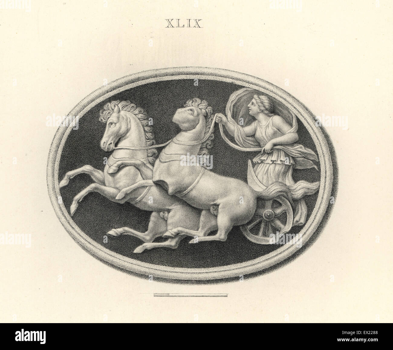 Female charioteer driving a two-horse chariot or biga in a race. Copperplate engraving by Francesco Bartolozzi from 108 Plates of Antique Gems, 1860. The gems were from the Duke of Marlborough's collection. Stock Photo