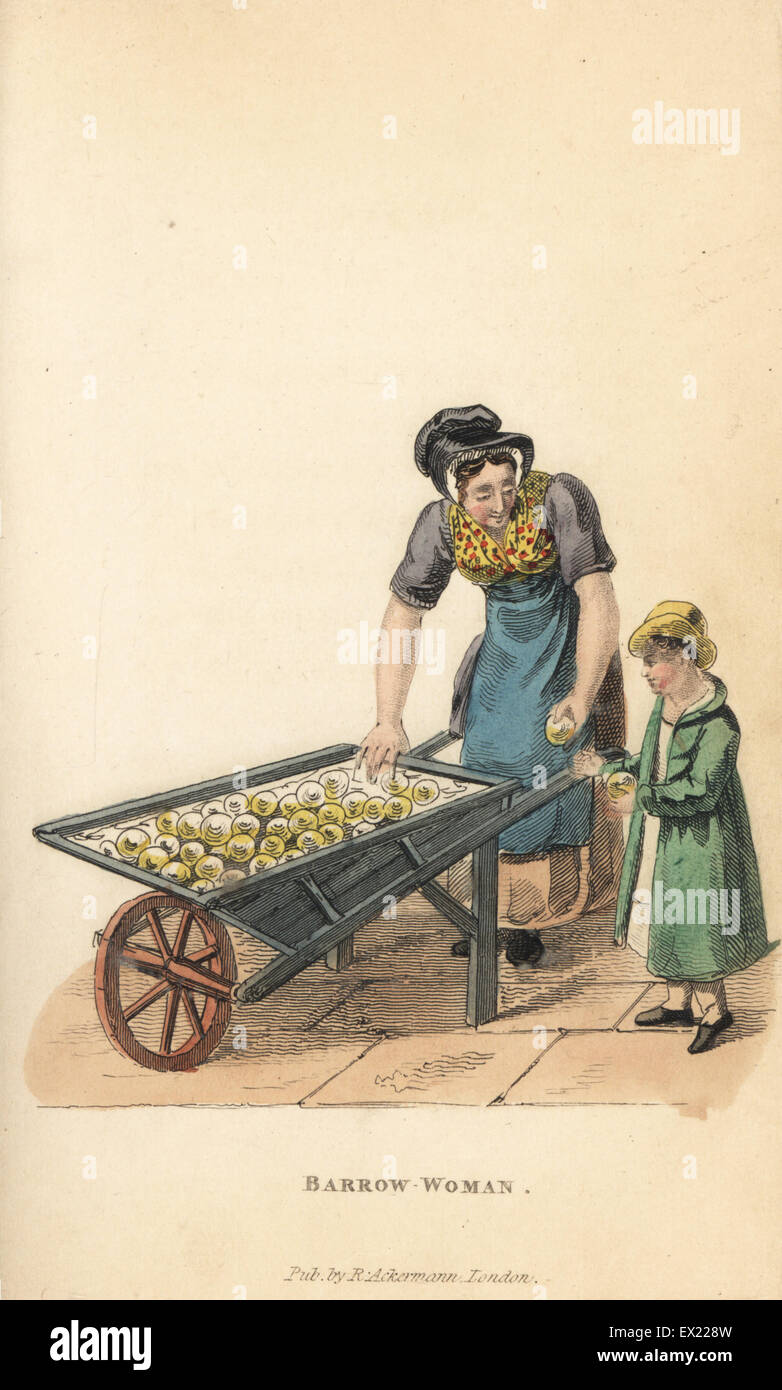 Barrow woman selling oranges in the streets of London, early 19th century. Handcoloured copperplate engraving from William Henry Pyne's The World in Miniature: England, Scotland and Ireland, Ackermann, 1827. Stock Photo