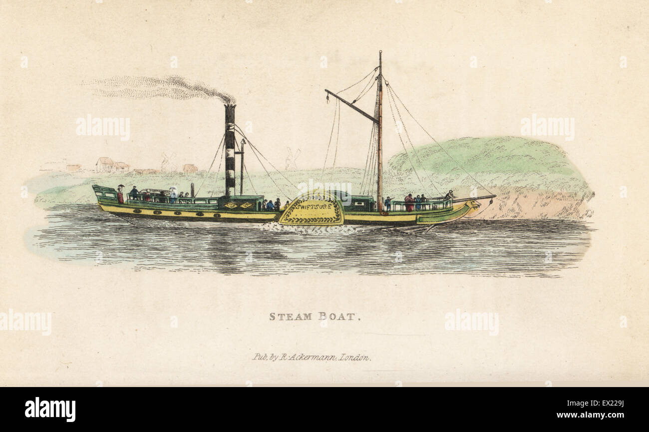 Steam boat, Swiftsure, with steam engine, funnel and water wheels, early 19th century. Handcoloured copperplate engraving from William Henry Pyne's The World in Miniature: England, Scotland and Ireland, Ackermann, 1827. Stock Photo