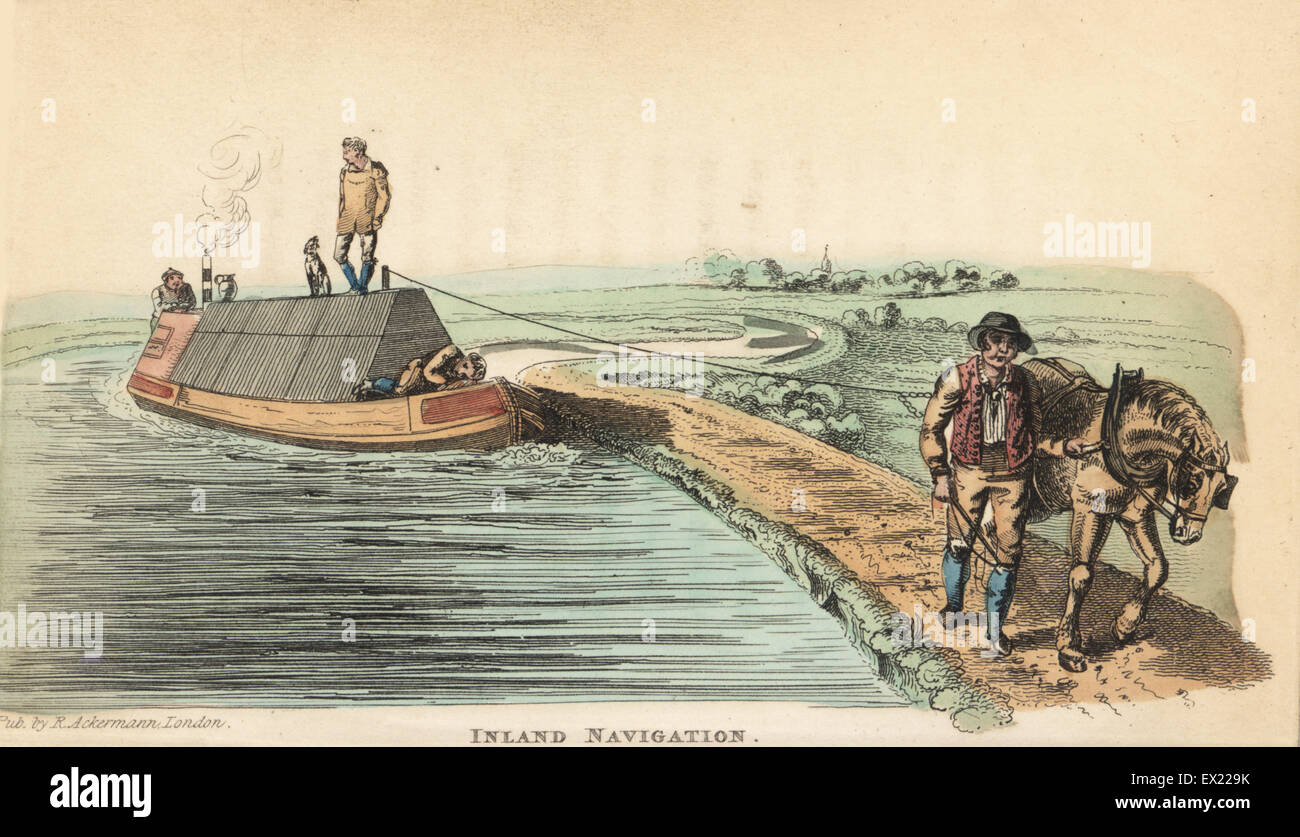 Barge being pulled along a canal in the inland navigation network, early 19th century. Handcoloured copperplate engraving from William Henry Pyne's The World in Miniature: England, Scotland and Ireland, Ackermann, 1827. Stock Photo