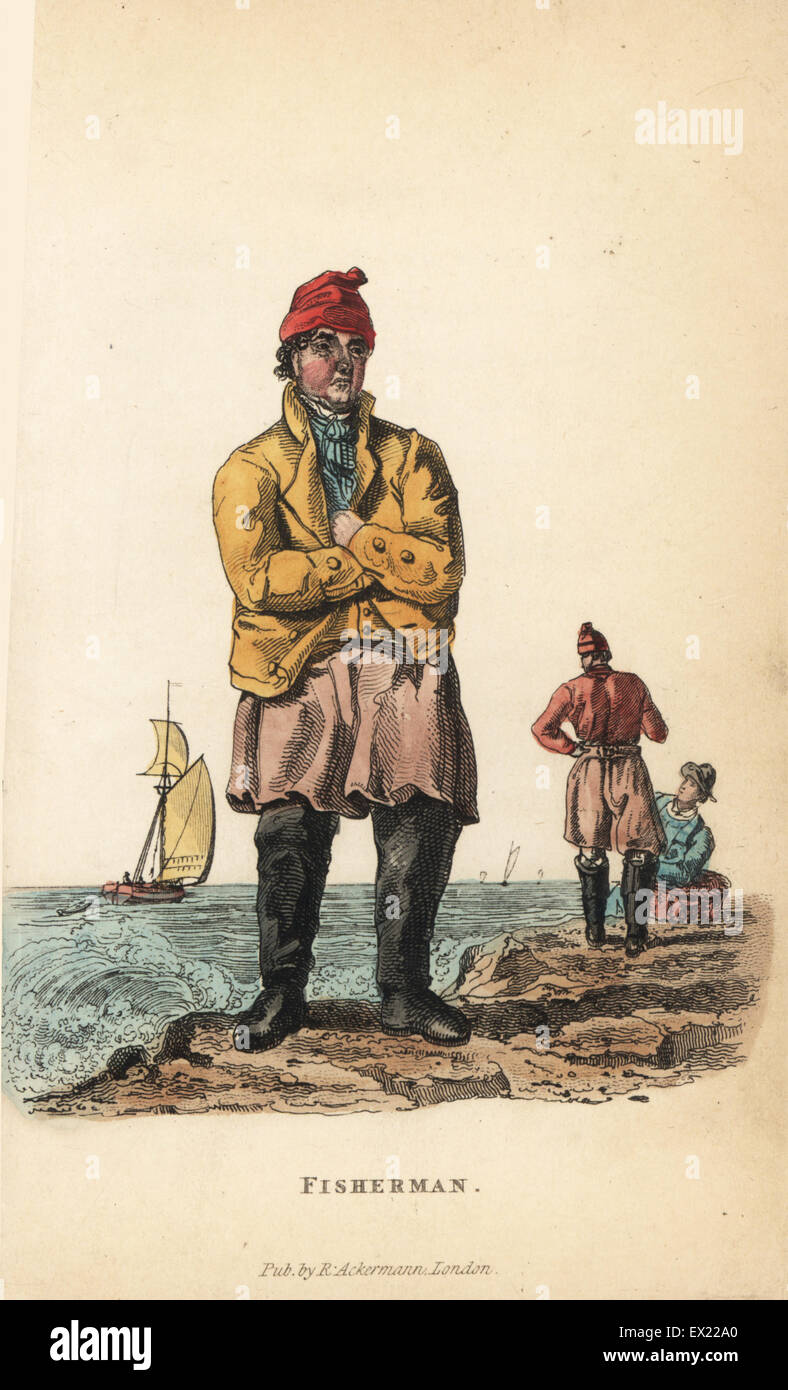 Fisherman in hat, coat, apron and boots on the shore, early 19th century. Handcoloured copperplate engraving from William Henry Pyne's The World in Miniature: England, Scotland and Ireland, Ackermann, 1827. Stock Photo