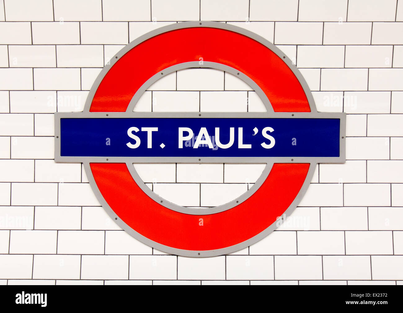 Metro station sign St. Paul's on the central line in London, UK. Stock Photo