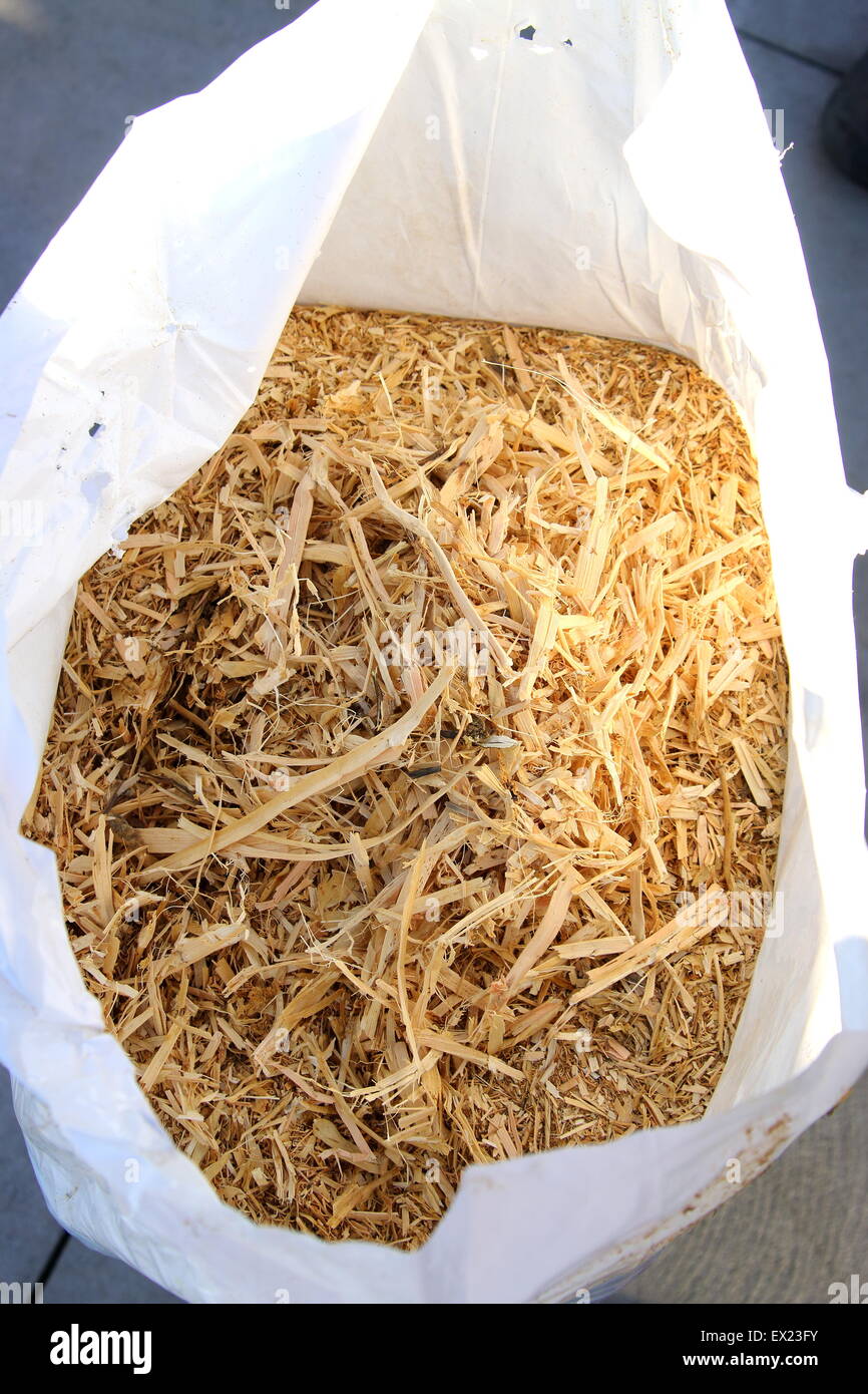 Pea straw mulch in a bag Stock Photo