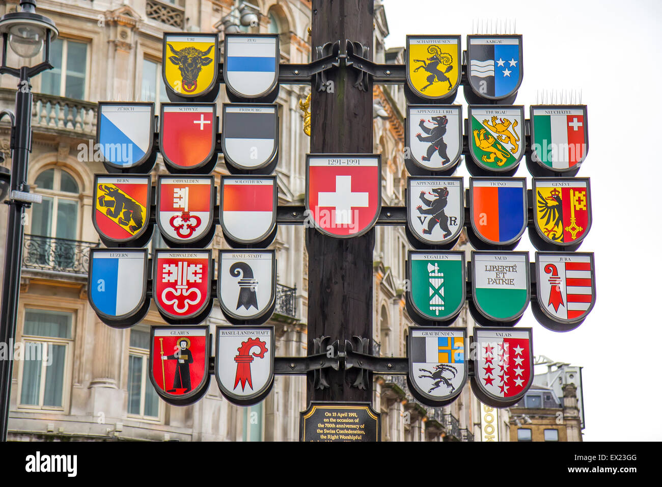 View of Swiss Cantonal Tree (erected 1991) on Leicester Square, London. Stock Photo