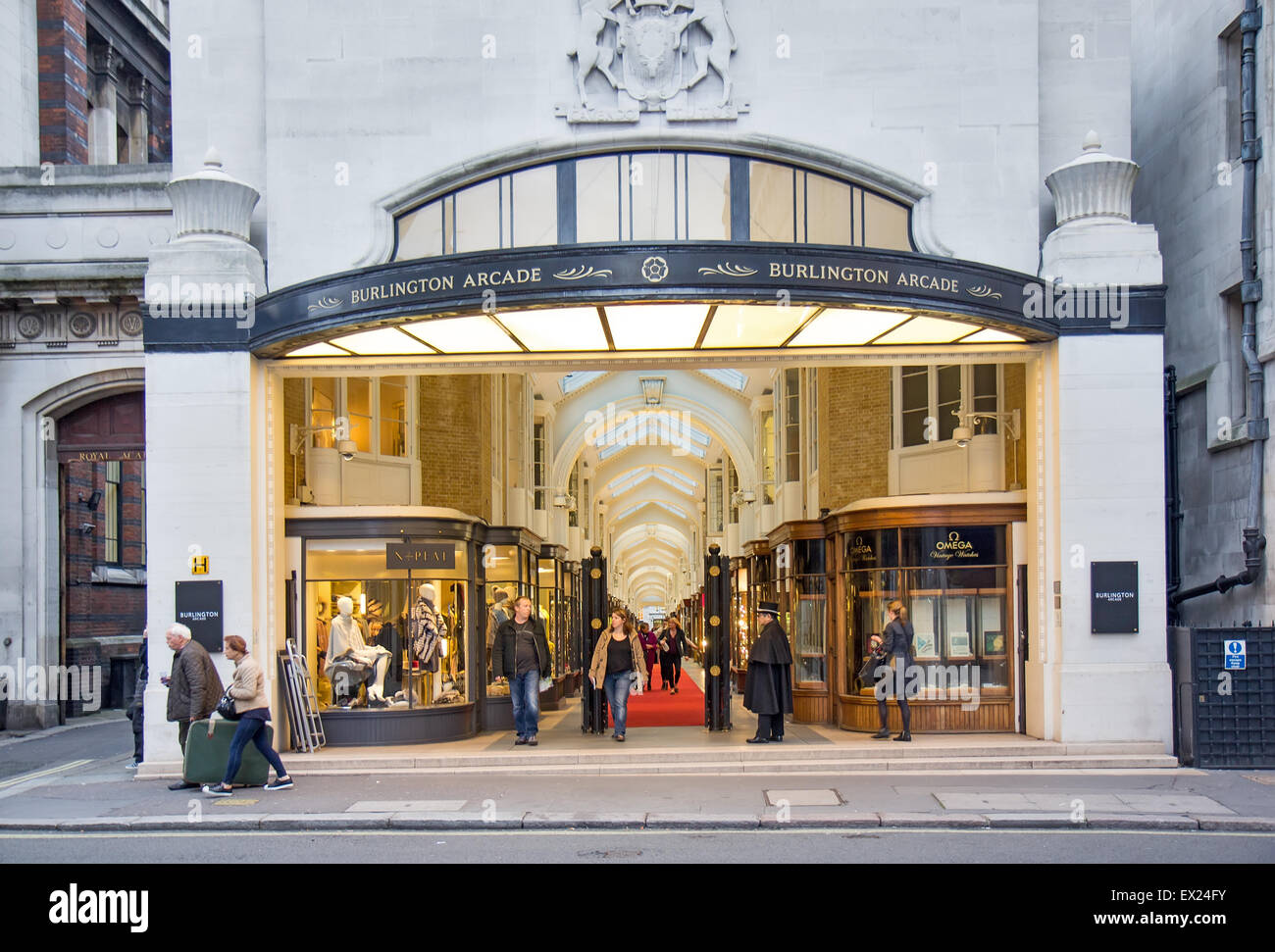 View of Burlington Arcade, 19th century European shopping gallery, behind Bond Street, London. Stock Photo