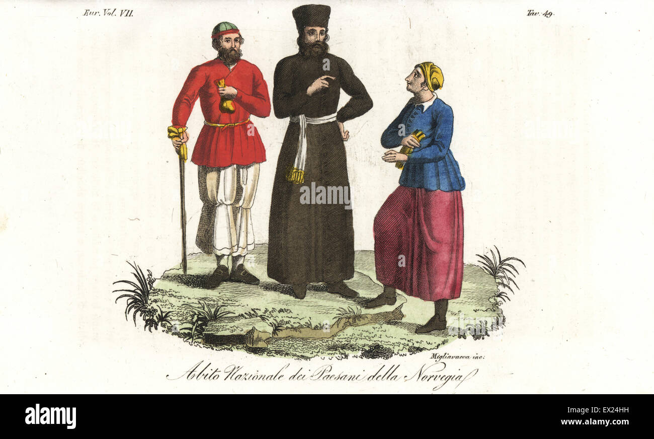 National dress of the peasants of Norway, including a farmer who looks like an Armenian ecclesiastic, 18th century. Handcoloured copperplate engraving by Migliavacca from Giulio Ferrario's Costumes Ancient and Modern of the Peoples of the World, Florence, 1847. Stock Photo