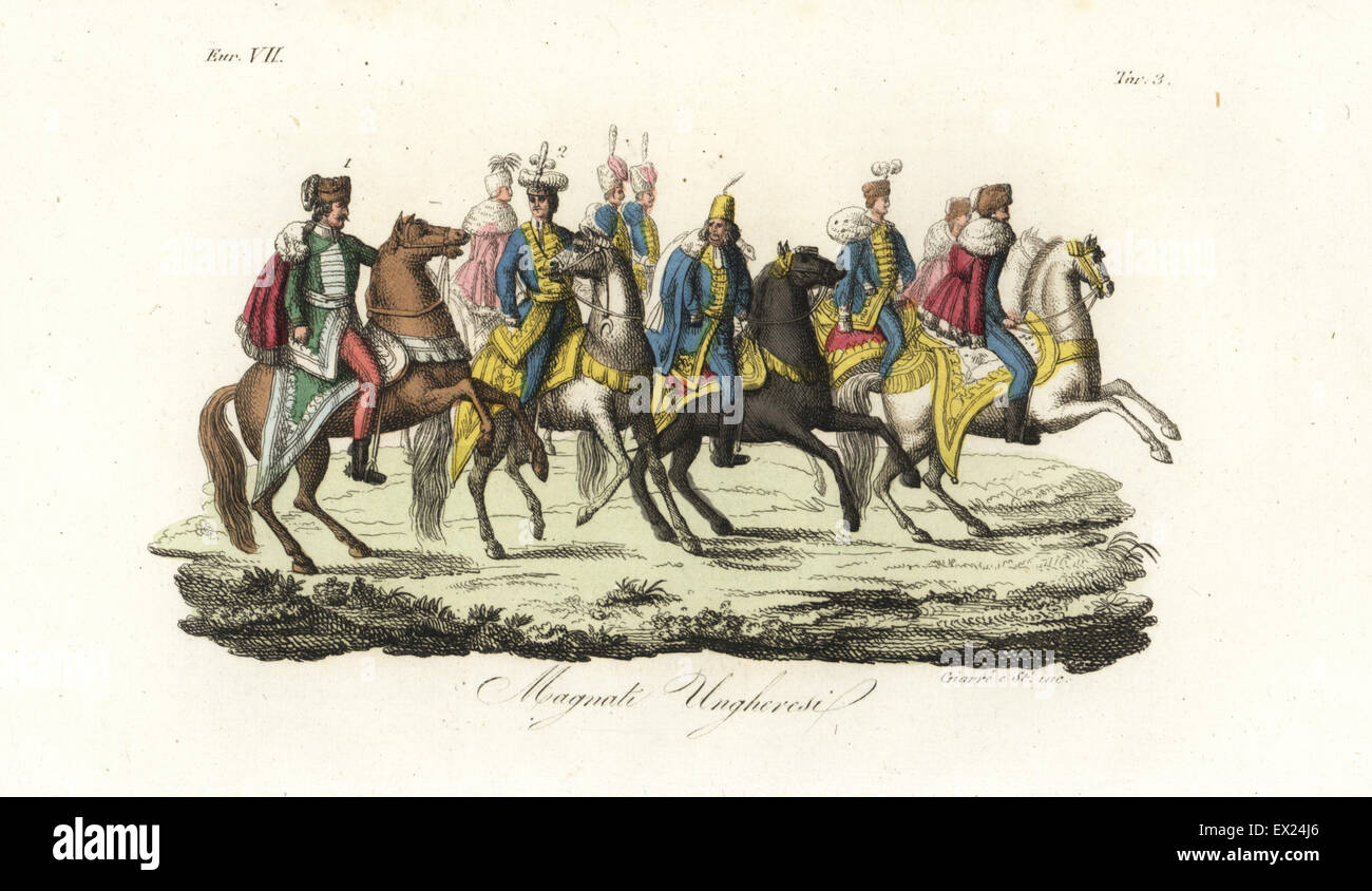 Hungarian lords in hussar uniforms, furs and pelisses, 18th century. Some in the insignia of the Order of St. Stephen. Handcoloured copperplate engraving by Giarre and Stanghi from Giulio Ferrario's Costumes Ancient and Modern of the Peoples of the World, Florence, 1847. Stock Photo
