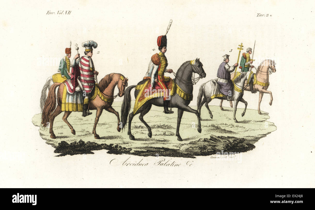 Archduke Joseph, Palatine of Hungary, in hussar uniform 4, with the royal herald 3 and bishop 5, 18th century. Handcoloured copperplate engraving by Giarre and Stanghi from Giulio Ferrario's Costumes Ancient and Modern of the Peoples of the World, Florence, 1847. Stock Photo