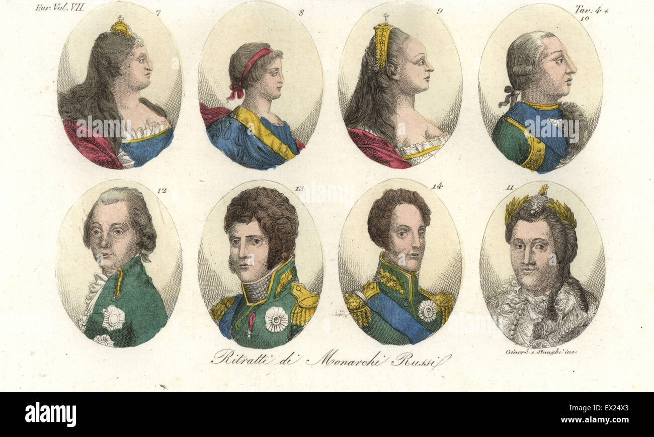 Portraits of Russian Tsars, House of Romanov: Anna 7, Ivan VI 8, Elizabeth 9, Peter III 10, Catherine II the Great 11, Paul I 12, Alexander I 13, and Nicholas I 14. Handcoloured copperplate engraving by Giarre and Stanghi from Giulio Ferrario's Costumes Ancient and Modern of the Peoples of the World, Florence, 1847. Stock Photo