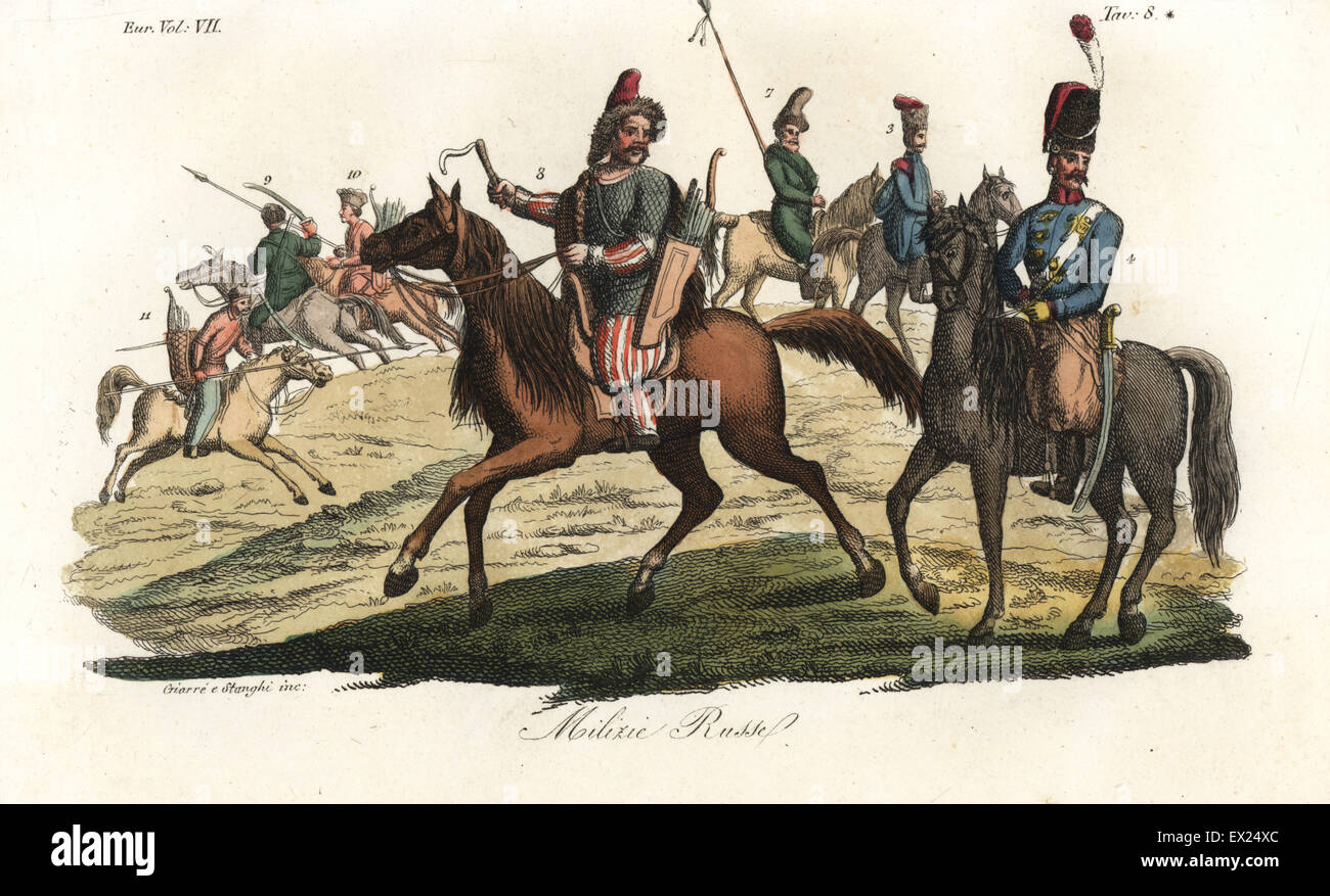 Russian military: Cossack officer 4, Bashkir archer 8, Kalmyk cavalry 9,10, and regular Cossacks 5,7,11. Handcoloured copperplate engraving by Giarre and Stanghi from Giulio Ferrario's Costumes Ancient and Modern of the Peoples of the World, Florence, 1847. Stock Photo