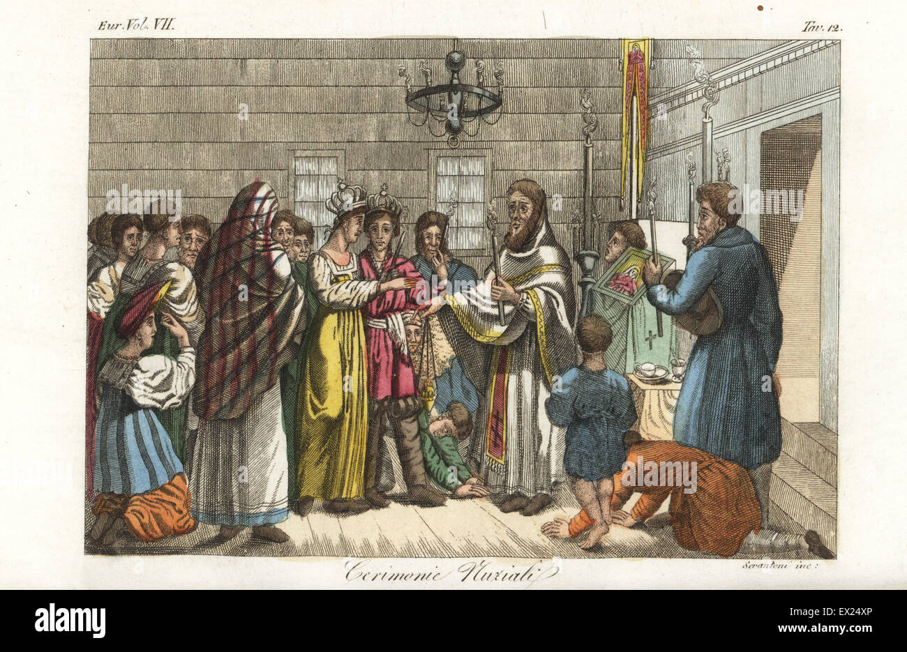 Marriage ceremony in Russia with bride and groom in crowns holding torches taking vows before an Orthodox priest. Handcoloured copperplate engraving by Seratoni from Giulio Ferrario's Costumes Ancient and Modern of the Peoples of the World, Florence, 1847. Stock Photo