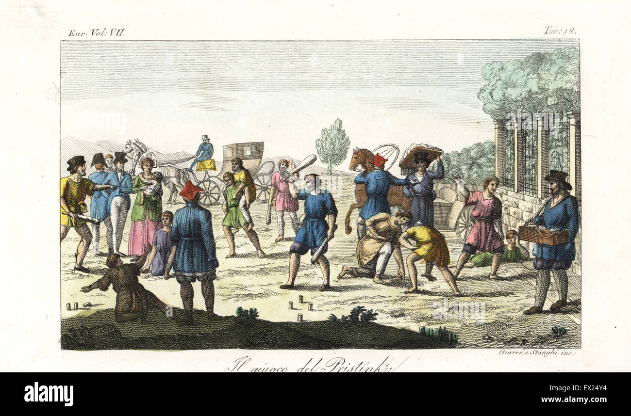 Russian peasants playing the game of Pristinky, skittles, bowls, cudgels, etc. Handcoloured copperplate engraving by Giarre and Stanghi from Giulio Ferrario's Costumes Ancient and Modern of the Peoples of the World, Florence, 1847. Stock Photo