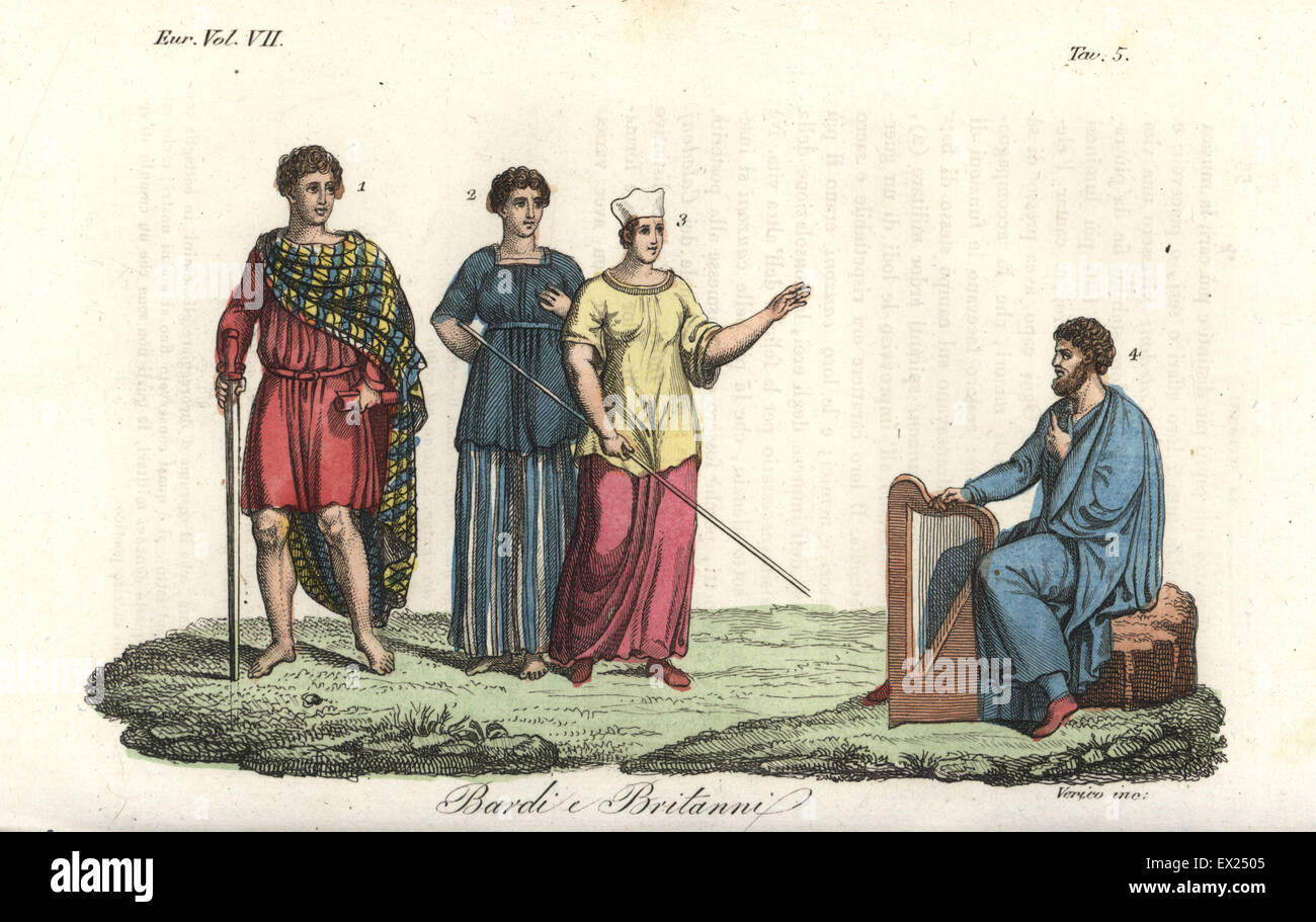 Bard in distinctive sky-blue robes with 12-string harp, Briton in the Roman fashion of multicolored cape and red tunic, and two female Britons in tunic and skirts. Handcoloured copperplate engraving by Verico from Giulio Ferrario's Costumes Ancient and Modern of the Peoples of the World, Florence, 1847. Stock Photo