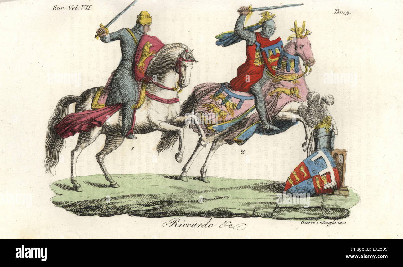 King Richard the Lionheart, in chainmail armour on horseback with heraldic shield, and Thomas Plantagenet, 2nd Earl of Lancaster, circa 1314, in helm, chainmail armour, tunic and coats of arms. Handcoloured copperplate engraving by Giarre and Stanghi from Giulio Ferrario's Costumes Ancient and Modern of the Peoples of the World, Florence, 1847. Stock Photo
