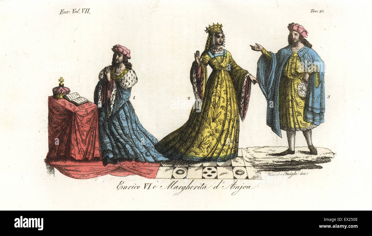 King Henry VI (kneeling in prayer) and his queen, Margaret of Anjou, with a courtier. Handcoloured copperplate engraving by Giarre and Stanghi from Giulio Ferrario's Costumes Ancient and Modern of the Peoples of the World, Florence, 1847. Stock Photo