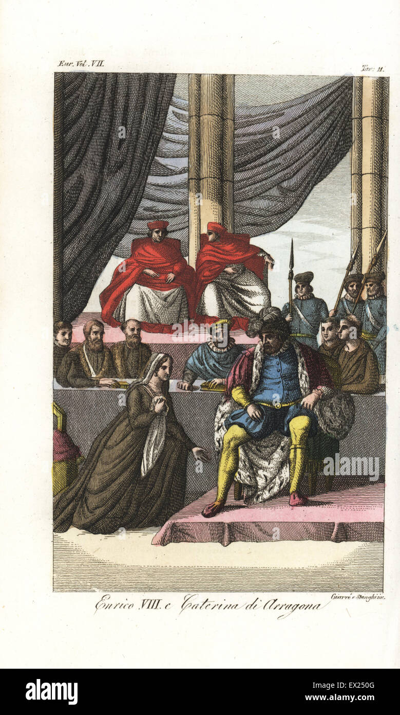 Catherine of Aragon pleading her case against divorce from King Henry VIII in front of the Papal legates. Handcoloured copperplate engraving by Giarre and Stanghi from Giulio Ferrario's Costumes Ancient and Modern of the Peoples of the World, Florence, 1847. Stock Photo