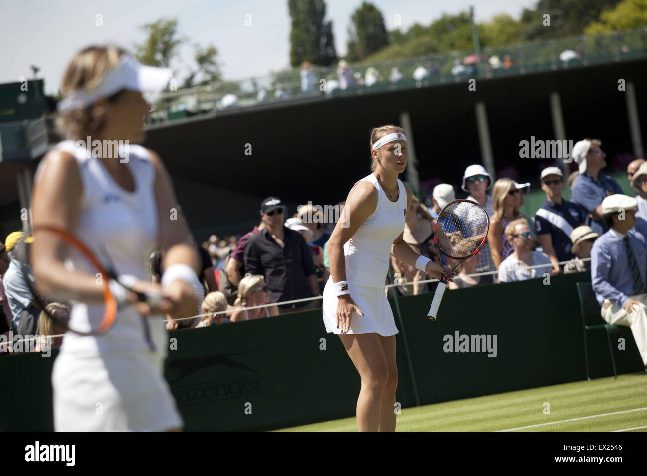 London, UK. 3rd July, 2015. V.Dushevina (RUS) and M.Martinez Sanchez (ESP) playing against.M.Krajicek (NED) with B.Strycova (CZE) . at Ladies' doubles at the Wimbledon .The Championships, Wimbledon or simply Wimbledon, is the oldest tennis tournament in the world, and is widely considered the most prestigious. It has been held at the All England Club in Wimbledon, London since 1877, London, UK. © Veronika Lukasova/ZUMA Wire/Alamy Live News Stock Photo