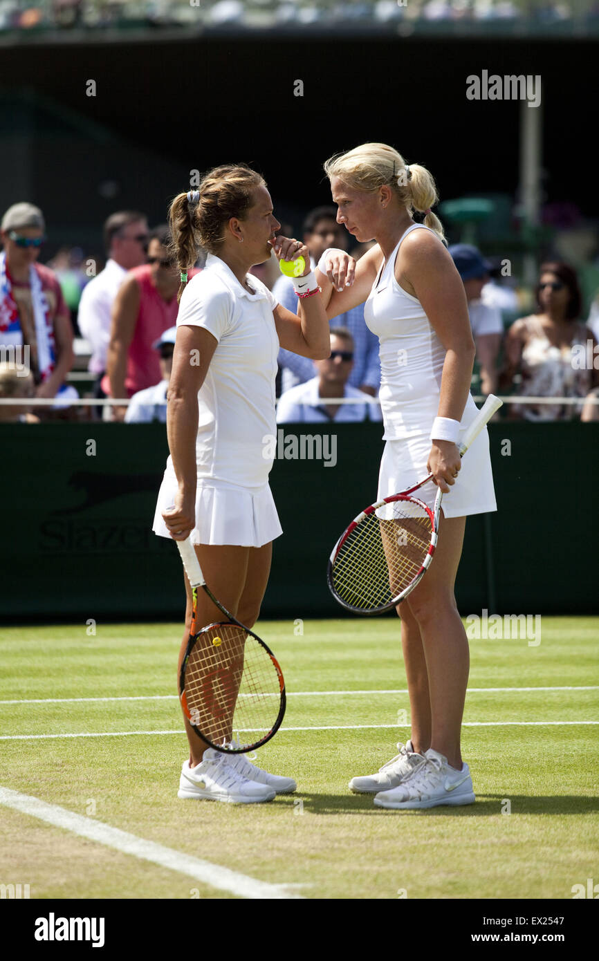 London, UK. 3rd July, 2015. M.Krajicek (NED) with B.Strycova (CZE) playing against.V.Dushevina (RUS) and M.Martinez Sanchez (ESP) at Ladies' doubles at the Wimbledon .The Championships, Wimbledon or simply Wimbledon, is the oldest tennis tournament in the world, and is widely considered the most prestigious. It has been held at the All England Club in Wimbledon, London since 1877, London, UK. © Veronika Lukasova/ZUMA Wire/Alamy Live News Stock Photo