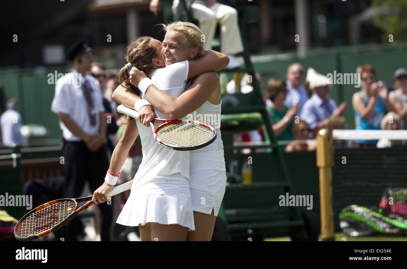 London, UK. 3rd July, 2015. M.Krajicek (NED) with B.Strycova (CZE) winning against.V.Dushevina (RUS) and M.Martinez Sanchez (ESP) at Ladies' doubles at the Wimbledon .The Championships, Wimbledon or simply Wimbledon, is the oldest tennis tournament in the world, and is widely considered the most prestigious. It has been held at the All England Club in Wimbledon, London since 1877, London, UK. © Veronika Lukasova/ZUMA Wire/Alamy Live News Stock Photo